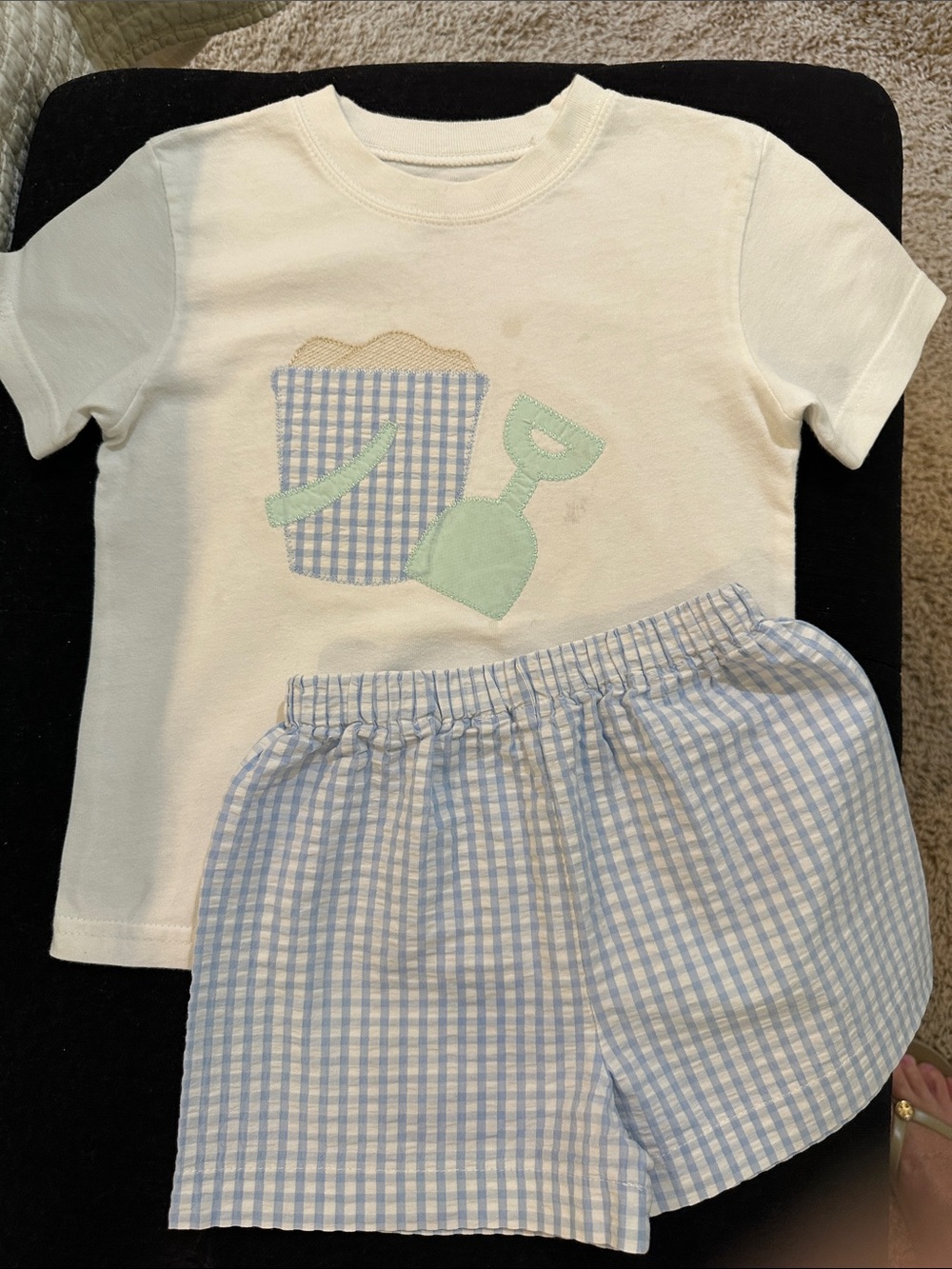 White Short Sleeve Kids Pajama Set with Blue Gingham Shorts